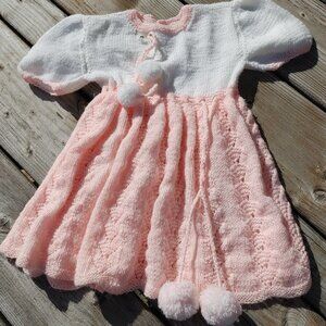 LOVELY Crochet Baby Dress with Pom Pom Detail White Pink 0-3 months